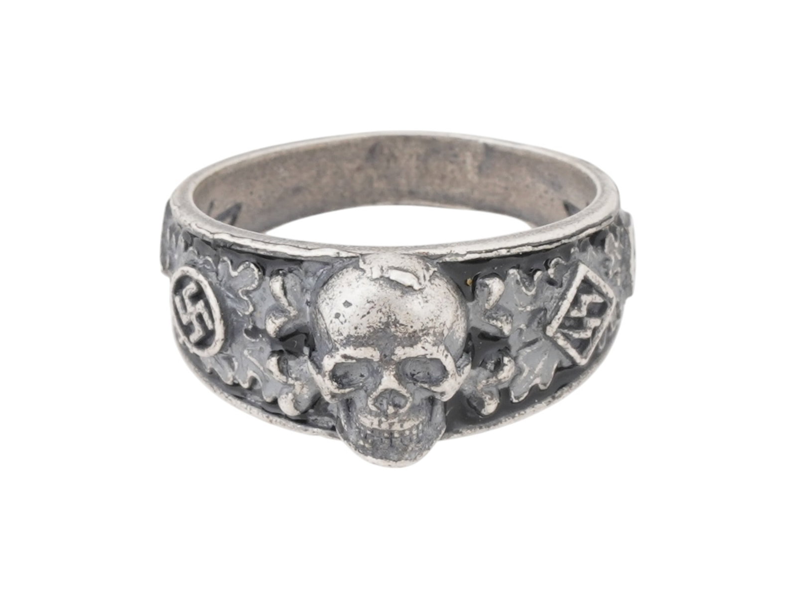 GERMAN WWII TYPE AHNENERBE SILVER ENAMEL RING: A WWII type Nazi German Third Reich SS Secret Society Ahnenerbe Members silver enamel ring. The ring is covered with gray enamel, adorned with relief oak leaves, SS runes, and swastika insignias to th