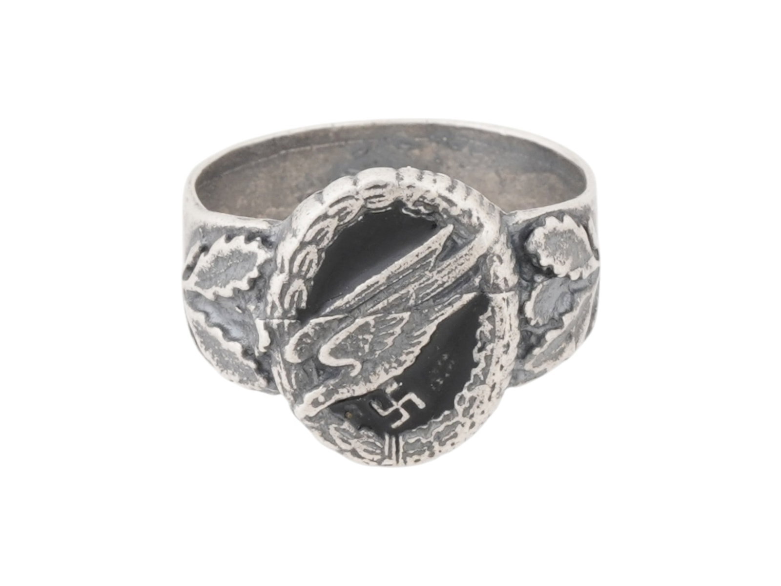 GERMAN WWII TYPE LUFTWAFFE PARATROOPER SILVER RING: A WWII type Nazi German Third Reich Luftwaffe Paratrooper silver enameled ring. The ring is adorned with a Nazi eagle swastika insignia in the center, surrounded by oak leaves, and covered with enamel