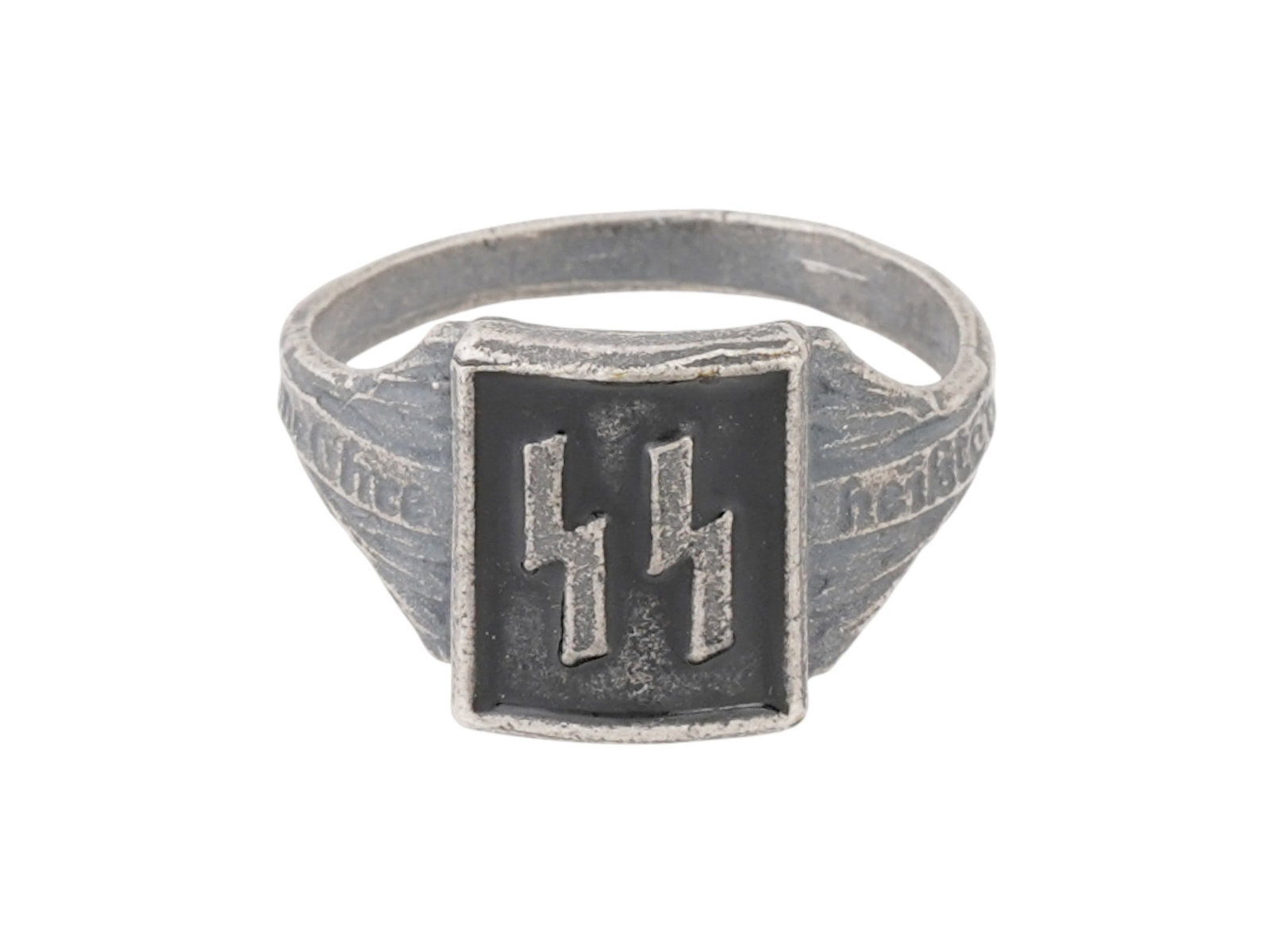 GERMAN WWII TYPE WAFFEN SS RUNES SILVER RING: A WWII type Nazi German Waffen SS silver ring. The ring features SS runes and is covered with enamel in a black shade on the front. The German lettering Meine Ehre Heisst Treue, or My honor is called 