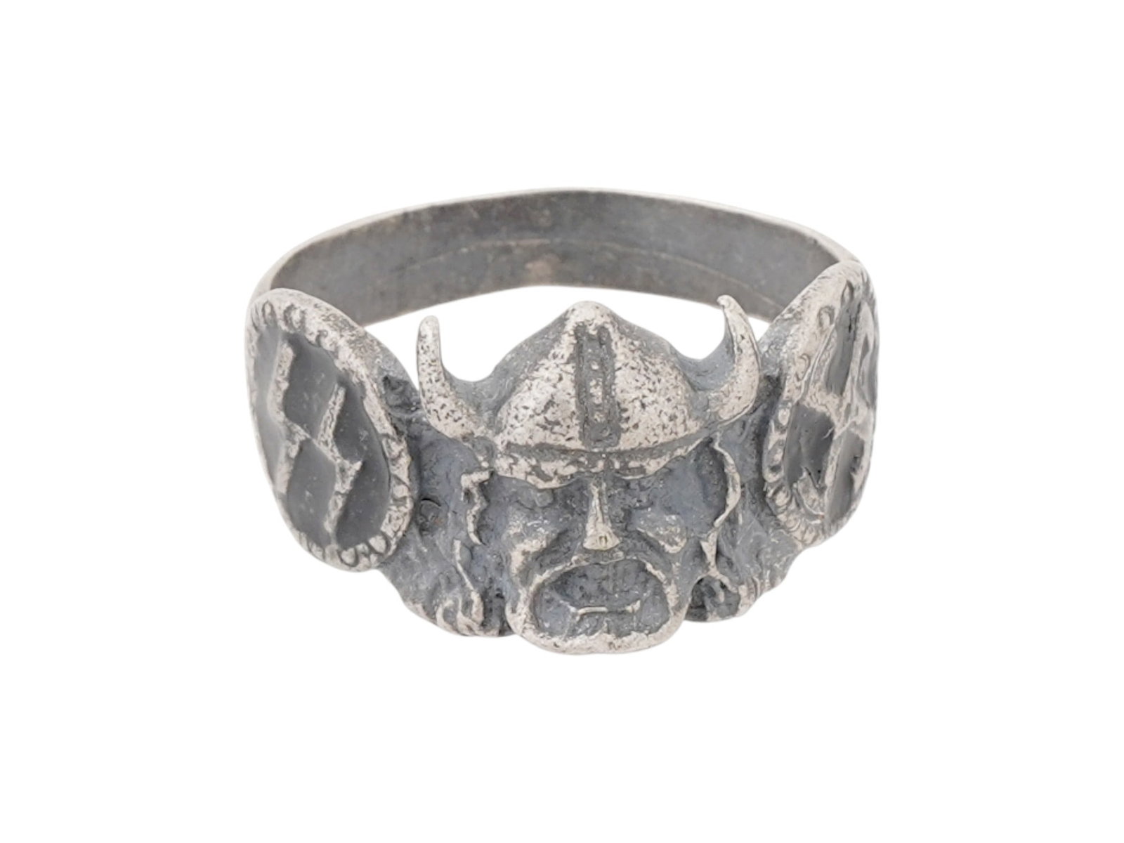 WWII TYPE GERMAN WAFFEN SS DIVISION WIKING SILVER RING: A WWII type Nazi German Waffen SS Division Wiking silver ring. The exterior of the ring is engraved and enameled with SS runes, swastika insignia patterns on the sides, and a relief image of a head of
