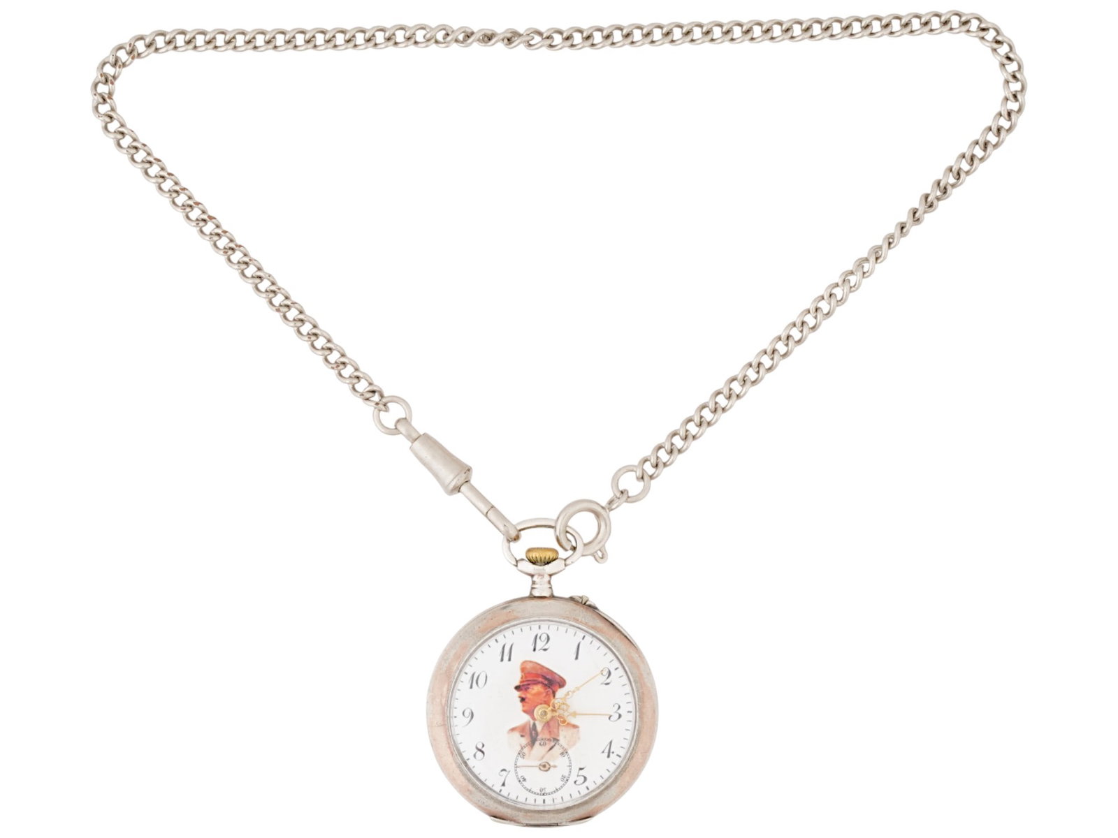 WWII TYPE GERMAN ADOLF HITLER SILVER POCKET WATCH: A WWII type German 800 silver pocket watch. Open face type. White enamel dial with polychrome portrait of Adolf Hitler, sub dial, Arabic numerals. Marked Cylindre, 90 Rubis, Argent, 0.800, serial numb