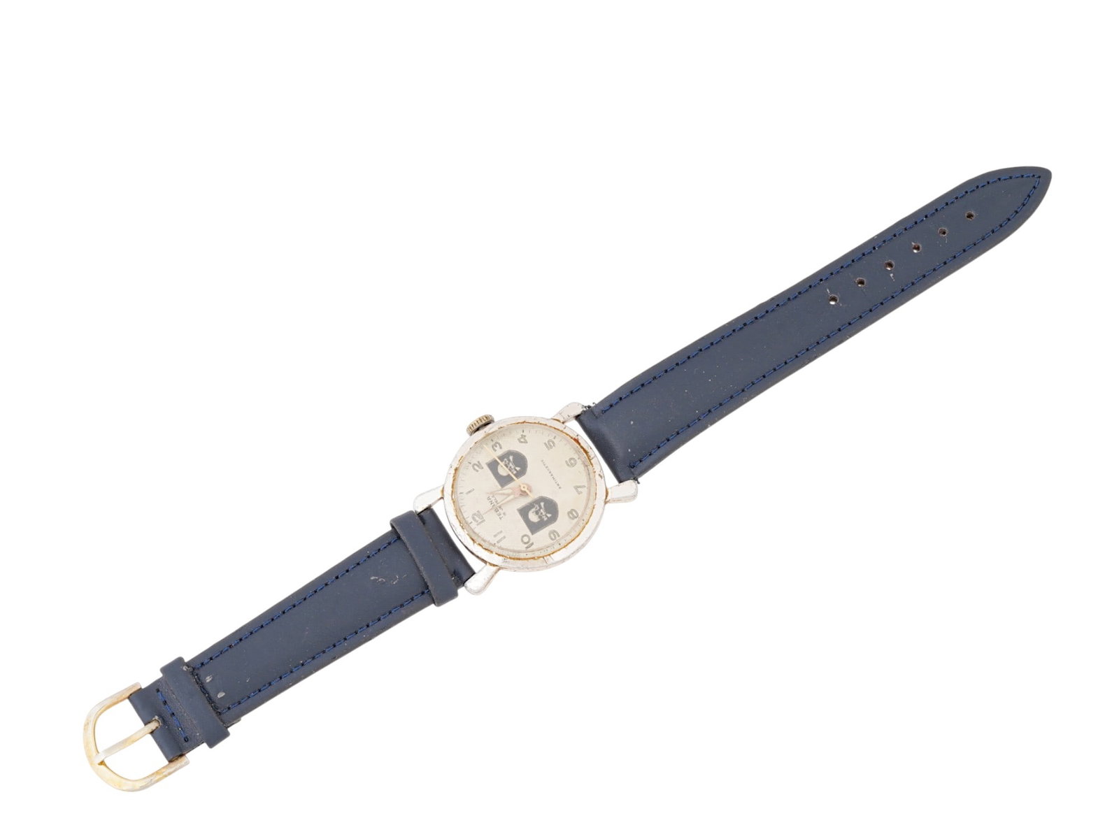GERMAN WWII TYPE 15 JEWELS TOTENKOPF WRIST WATCH: A German WWII type Swiss made Waffen SS Totenkopf wristwatch. 15 jewels, antimagnetic. Round stainless steel case with a single crown. White guilloche enamel dial with Totenkopf emblems and Arabic num