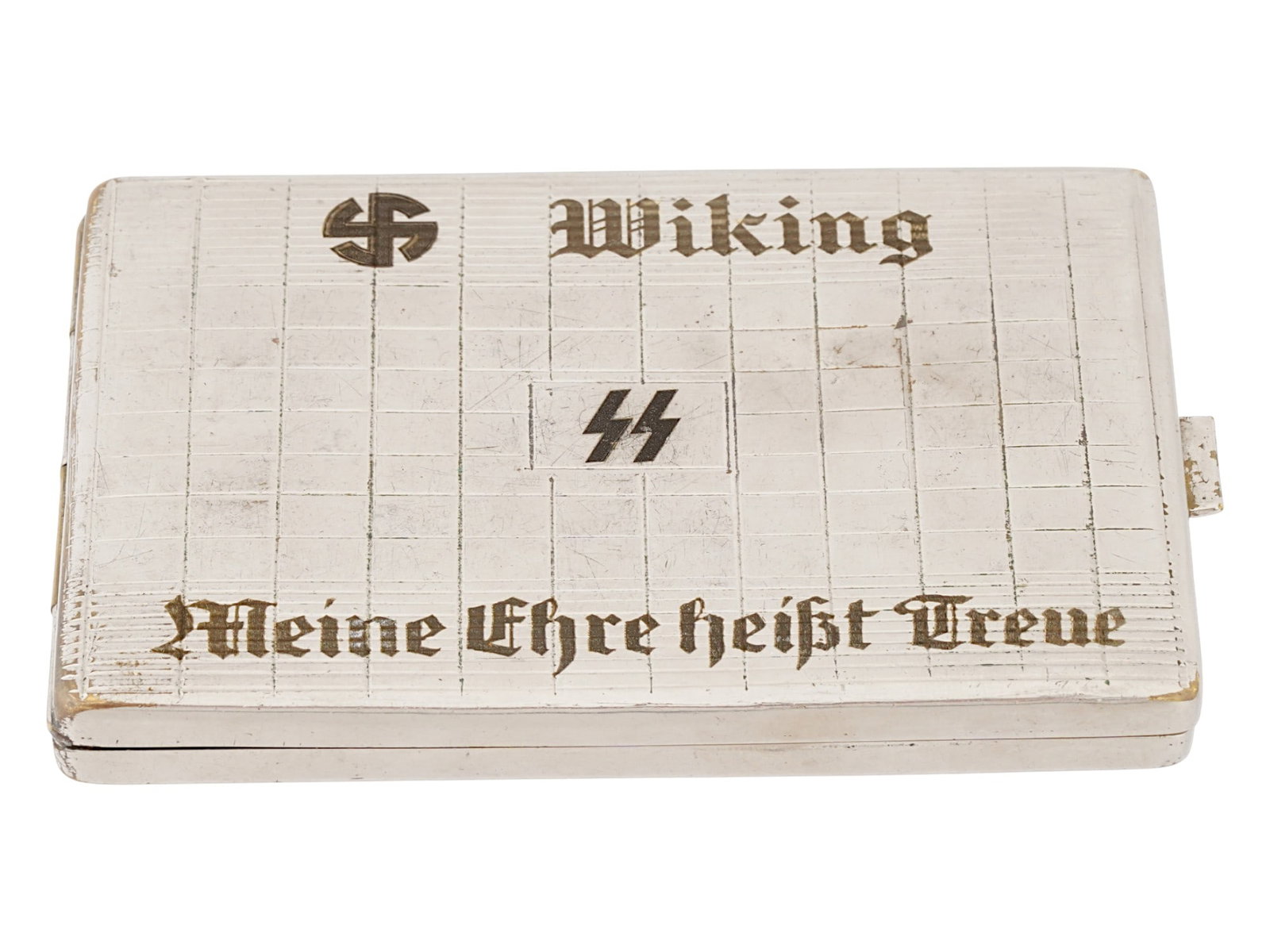 WWII MODEL NAZI GERMAN THIRD REICH CIGARETTE CASE: A WWII model Nazi German Third Reich cigarette case. The front side includes a grid-like pattern, engraved with the word Wiking, likely related to the 5th SS Panzer Division Wiking, a smaller SS symbo