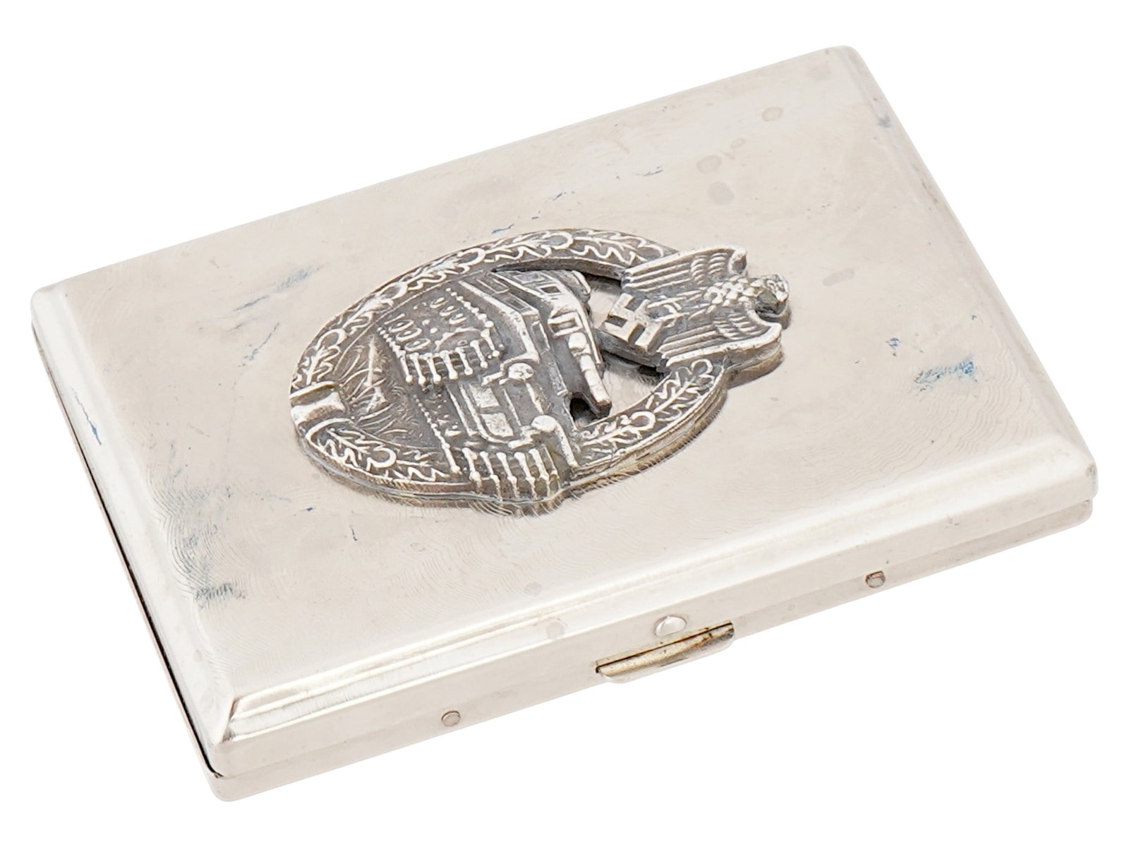 WWII TYPE GERMAN TANK ASSAULT CIGARETTE CASE: A World War II type Nazi German stainless steel cigarette case. The hinged lid has an overlay Panzer Badge. Two holders inside. Unmarked. Second World War Historical Collectables And Militaria, Tobacc