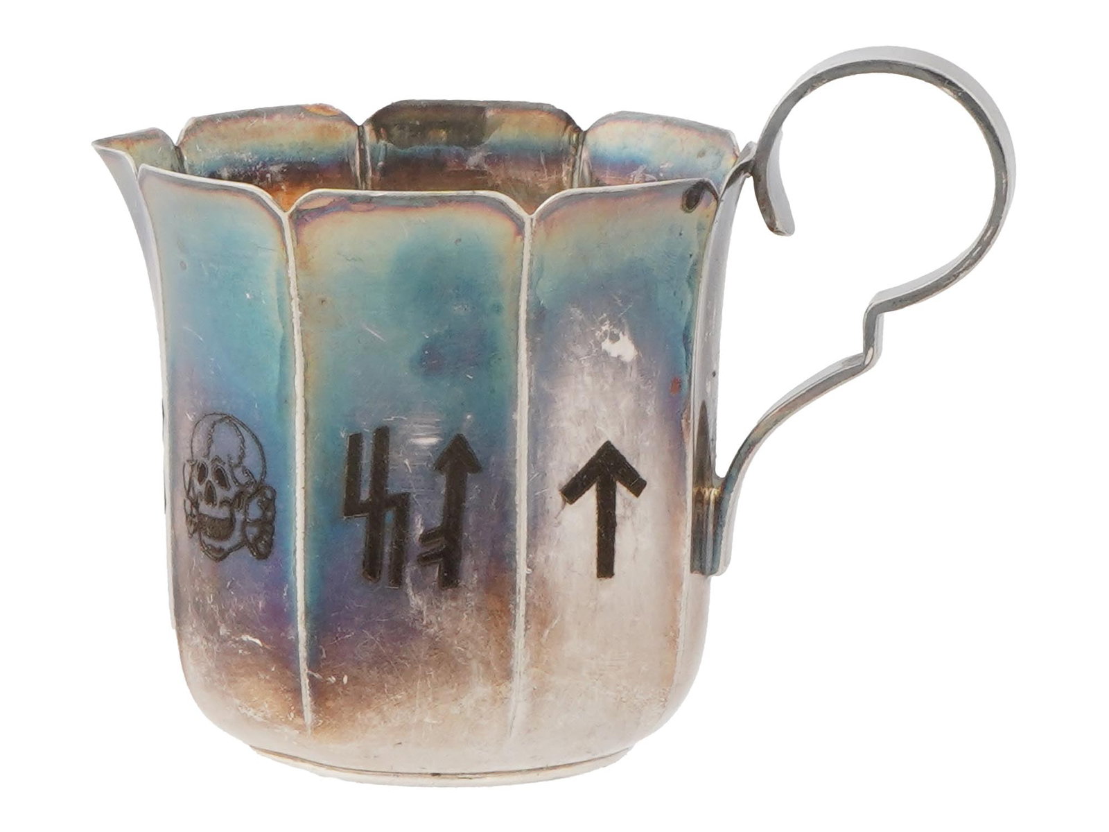GERMAN WWII TYPE WAFFEN SS METAL COFFEE CUP: A German WWII type Waffen SS metal coffee cup with logos of regiments. The cup has a lobed design and is decorated with various insignias, including the SS and Totenkopf symbols. Marked Wellner on the