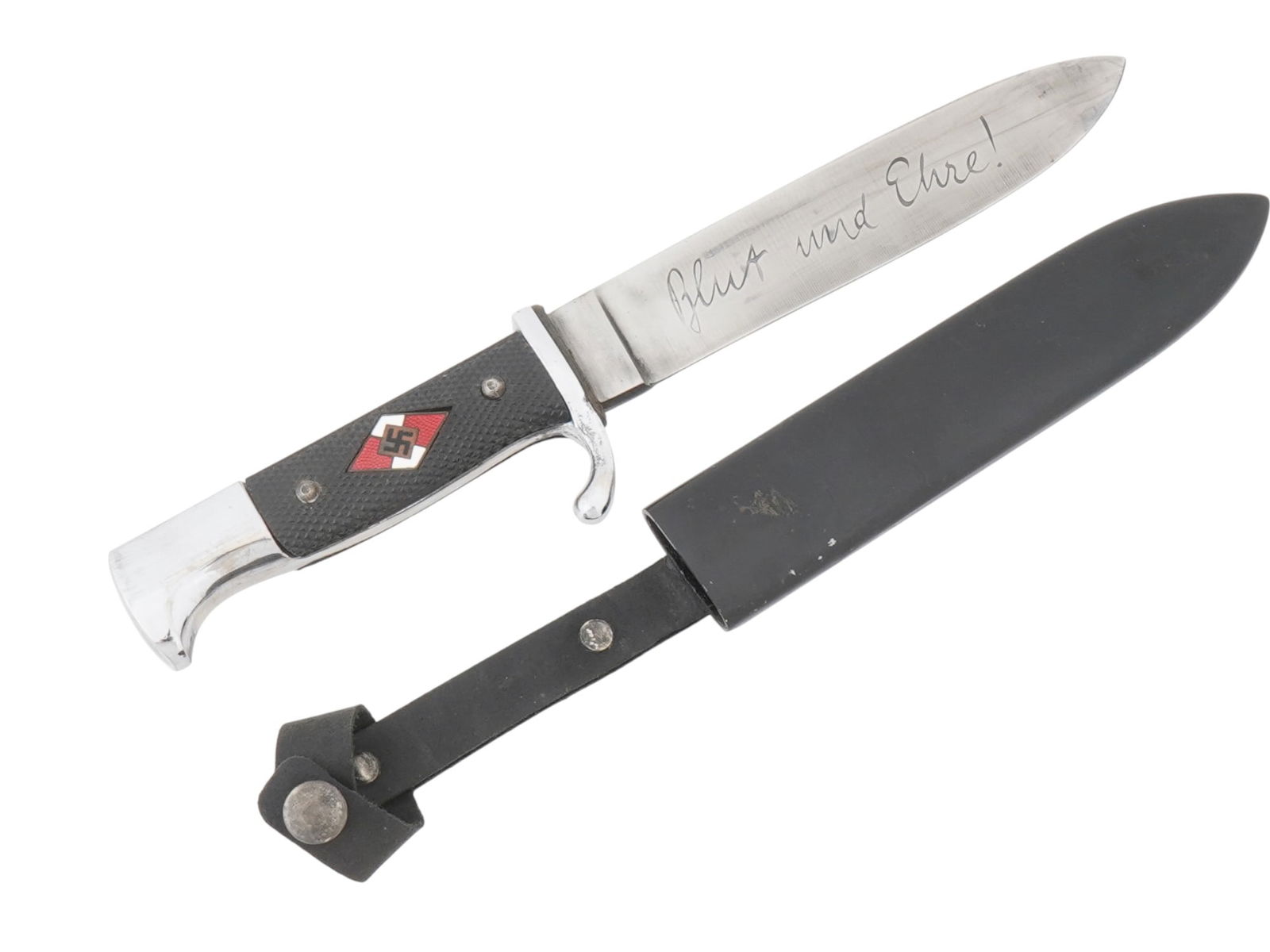 WWII GERMAN HITLER YOUTH DAGGER WITH SHEATH: A World War II Nazi German dagger. Stainless steel blade with etched motto Blut und Ehre, Blood and Honor. Hitlerjugend emblem overlay on the handle. Unmarked. Leather sheath. Historical Collectables,