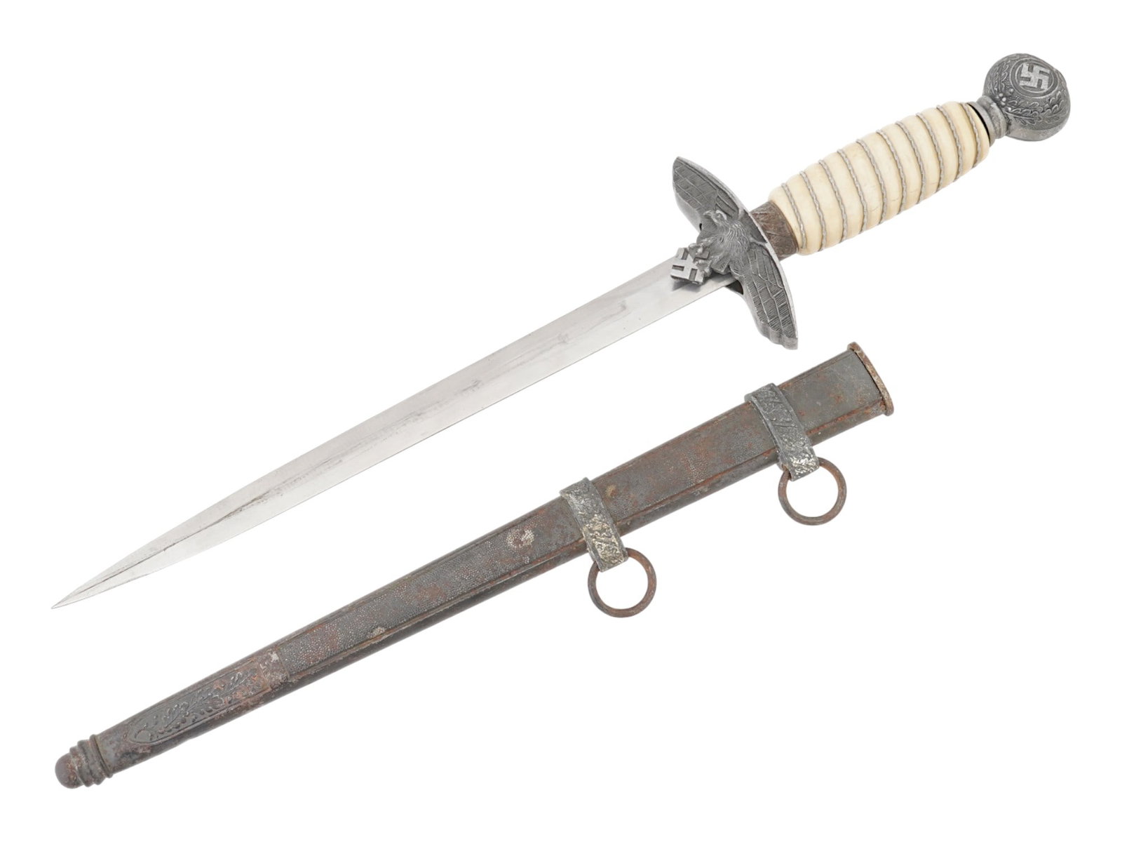 WWII NAZI GERMAN LUFTWAFFE DAGGER BY SOLINGEN: A World War II Nazi German Luftwaffe dagger or miniature sword. 1937 model. Stainless steel straight double-edged blade, marked Solingen, 1939, B and A. Twisted grip with eagle and swastika crossguard