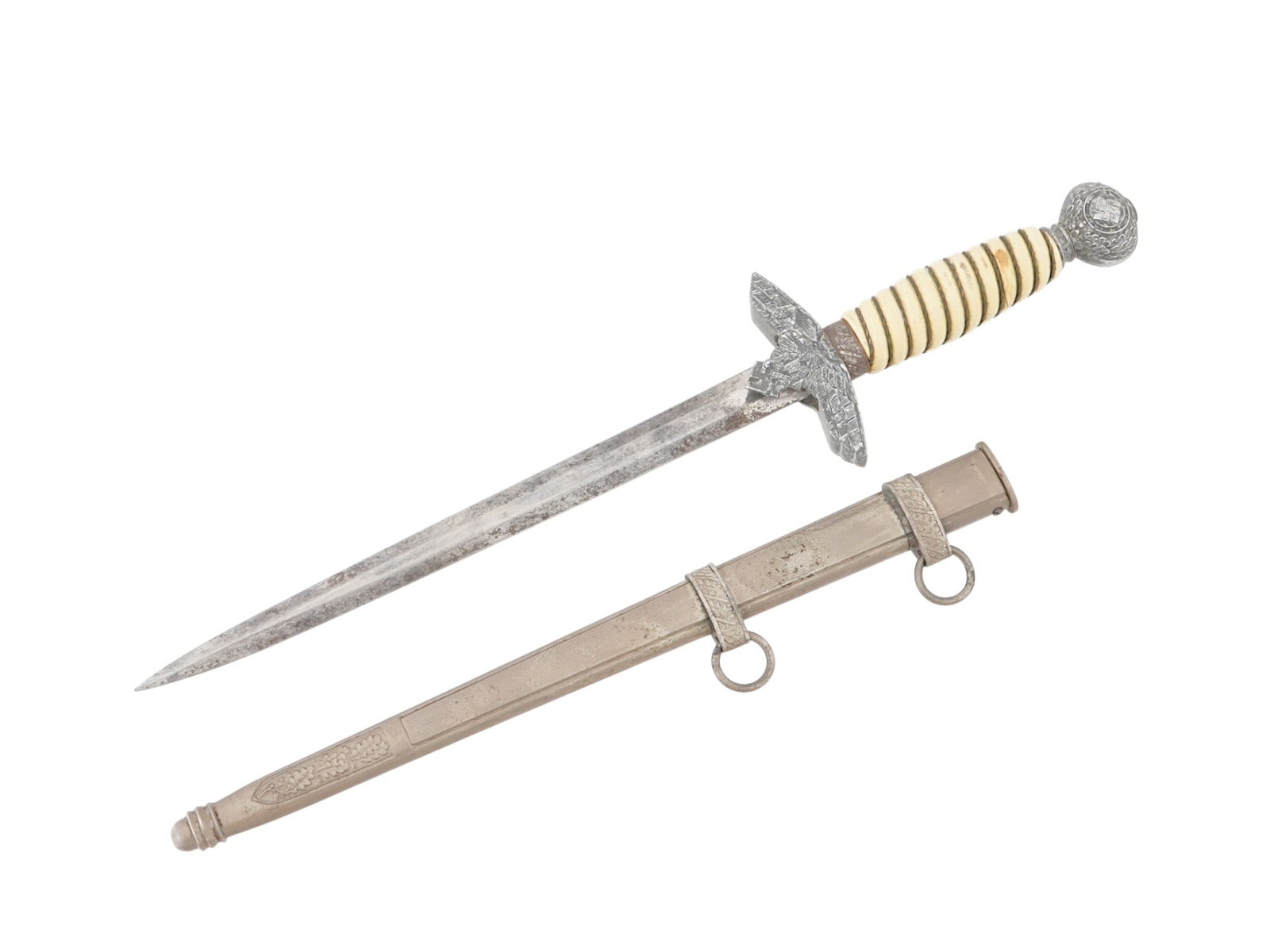 WWII NAZI GERMAN LUFTWAFFE DAGGER BY SOLINGEN: A World War II Nazi German Luftwaffe officers dagger or miniature sword. 1937 model. Stainless steel straight double-edged blade, marked P.D. Luneschloss Solingen. Twisted grip with eagle and swastika
