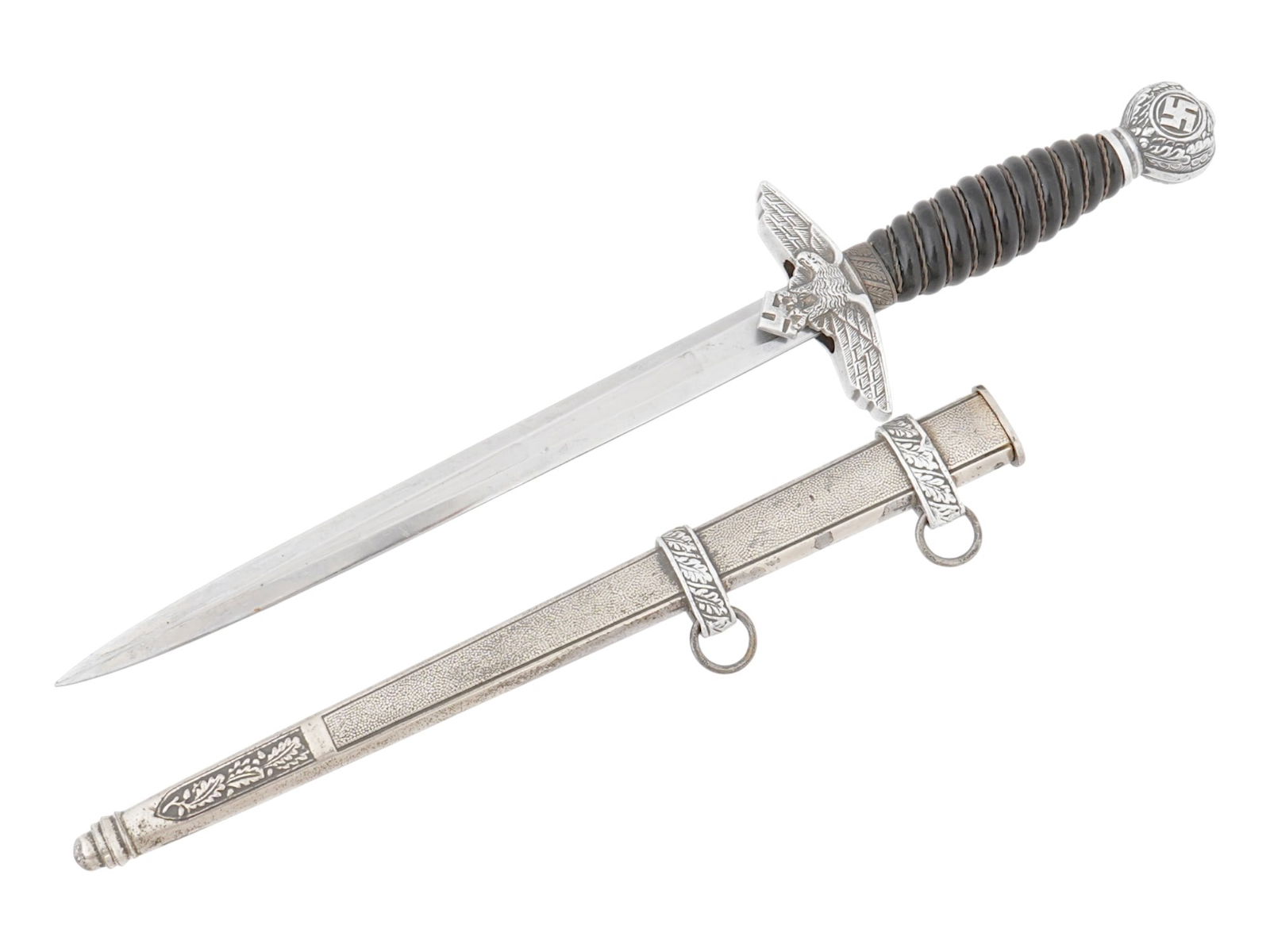 WWII GERMAN LUFTWAFFE WAFFEN OFFICERS DAGGER W SHEATH: A WWII Nazi German Third Reich Luftwaffe officers dagger. The pommel shows a swastika symbol within a wreath, while the crossguard is modeled as an eagle clutching a swastika insignia in its claws. Th