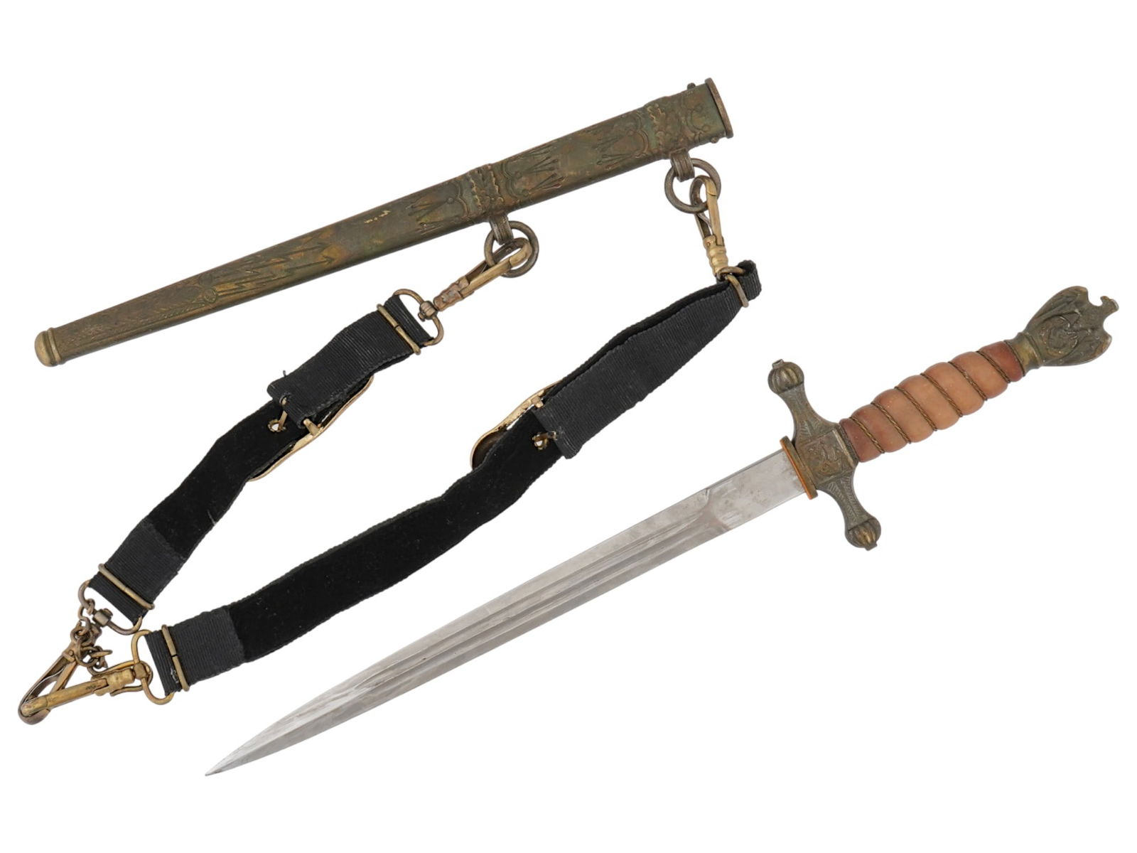 WWII GERMAN KRIEGSMARINE DAGGER W SCABBARD: A WWII Nazi German naval dagger. The blade is marked Original Eickhorn Solingen. The barrel-shaped handle is wound with twisted brass wire along the spiral groove. The head of the handle is made in th
