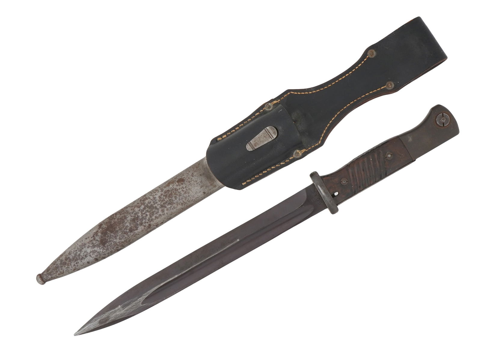 WWII GERMAN BAYONET OTTO BREITSCHUH EISLEBEN: A WWII Nazi German bayonet. Stainless-steel blade, marked 42 ASW. Wooden handle. Leather and steel sheath, marked Otto Breitschuh Eisleben 1941. Second World War Historical Collectables And Memorabili