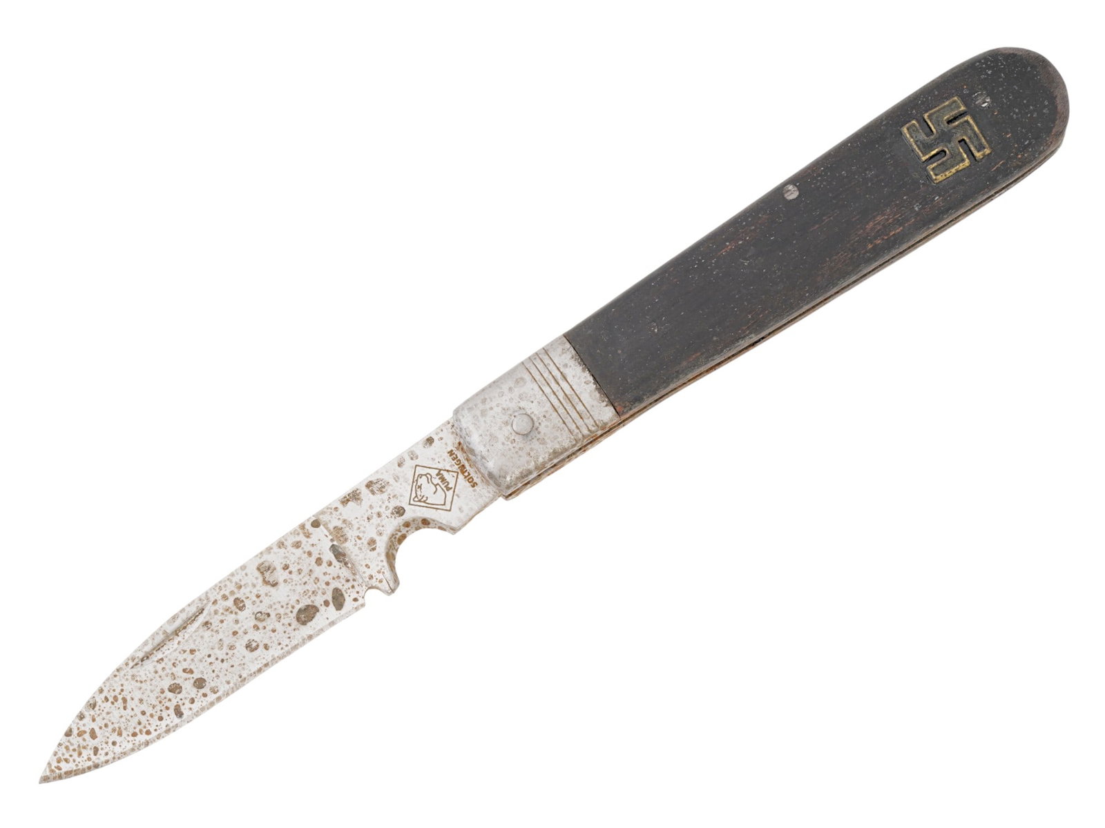 GERMAN WWII MODEL NSDAP POCKET KNIFE BY SOLINGEN: A WWII type Nazi German Third Reich NSDAP officials pocket knife featuring a folding blade. The handle of the knife is made of wood and decorated with a relief metal image of a swastika insignia. Mark