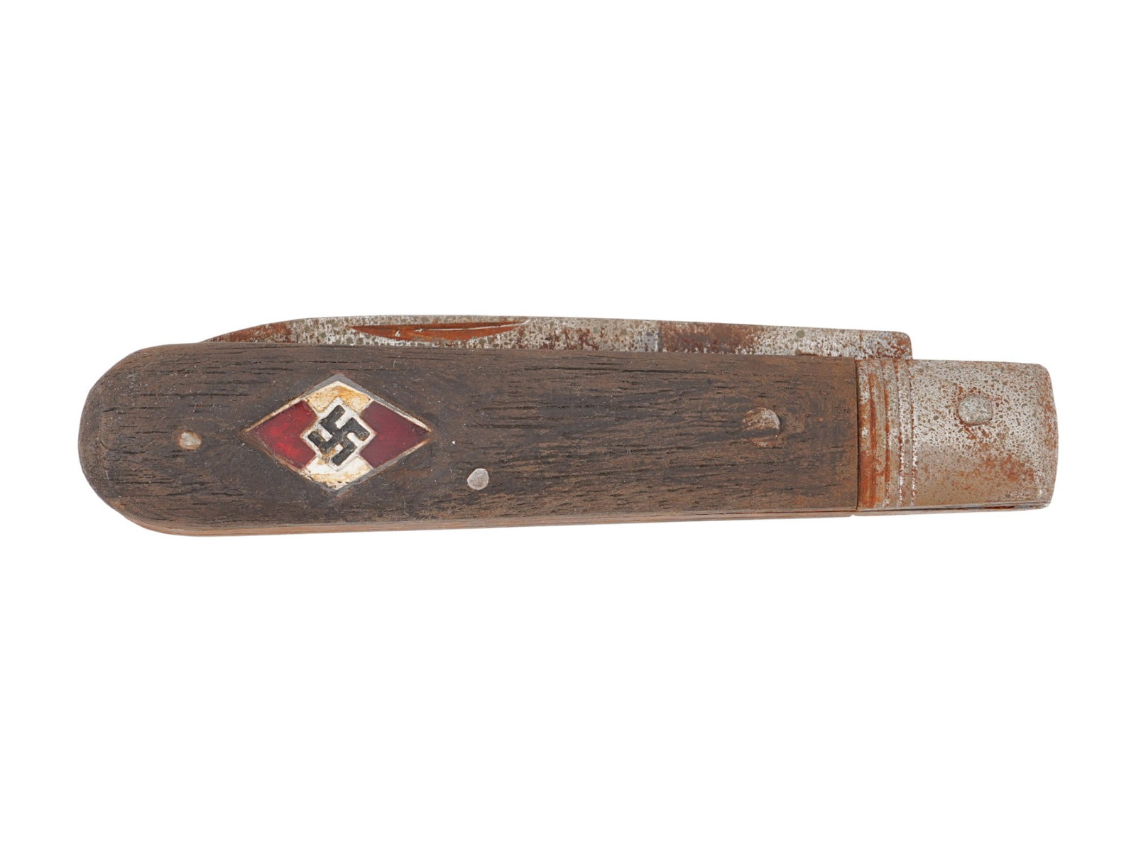 WWII TYPE NAZI GERMAN HITLER YOUTH POCKET KNIFE: A World War II type Nazi German stainless steel pocket knife with wooden body. Hitler Jugend overlay emblem on the handle. Unmarked. Historical Collectables, Weaponry And Armour, Militaria, Second Wor