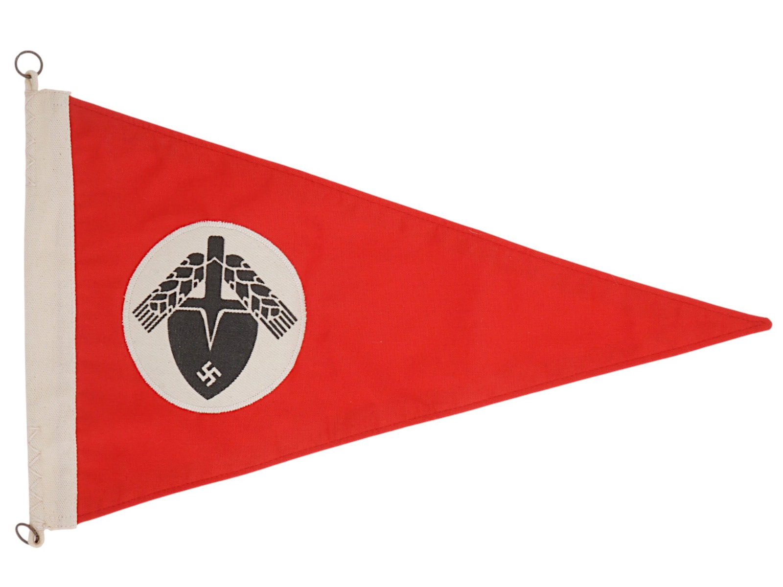 WWII TYPE GERMAN NAZI THIRD REICH RAD TRIANGULAR FLAG: A WWII type German Nazi Third Reich RAD triangular flag with a red background. On the hoist side, there is a white band with the letters RAD and the year 1940 with RZM mark printed in black. There are