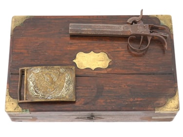LOT OF CIVIL WAR WOOD BOX PISTOL AND METAL BUCKLE