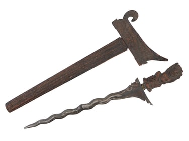 INDONESIAN KRIS DAGGER WITH CARVED WOOD SCABBARD