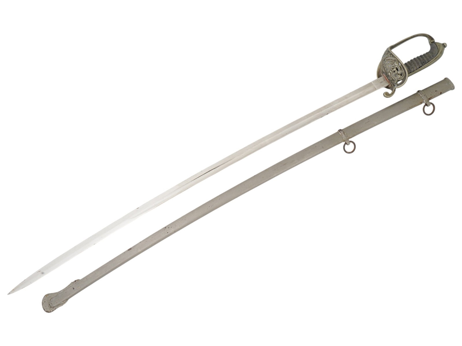 ANTIQUE DANISH HERAZCEK AND SON OFFICERS SABER: An antique Danish Officers saber with scabbard by Herazcek and Son, circa 19th century. The saber has a curved blade with a decorative hilt. The guard has an openwork floral design. The handle is wrap