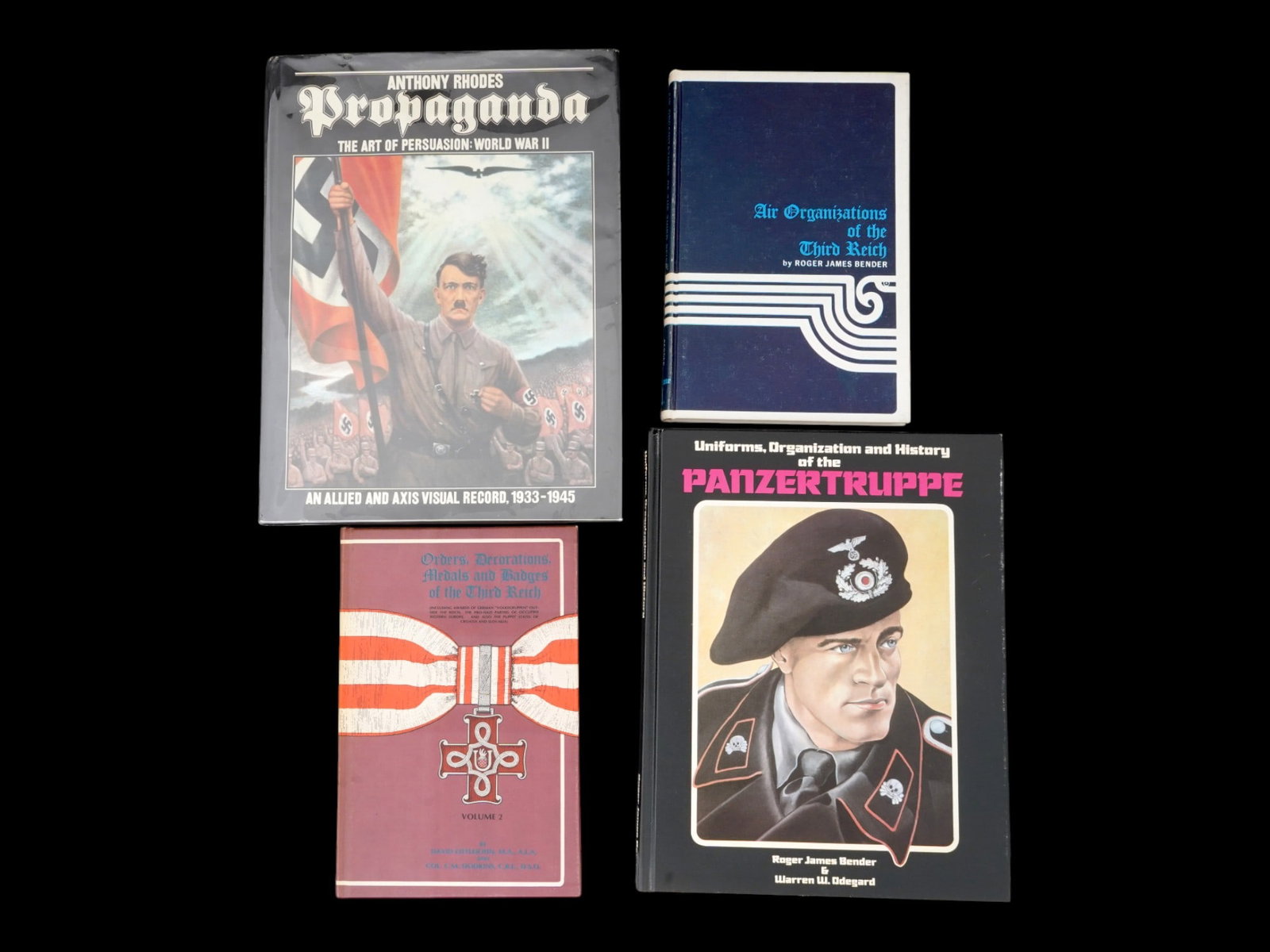 COLLECTION OF BOOKS ABOUT WWII AND GERMAN MILITARY: A lot of four vintage books dedicated to Nazi Germany and World War II. Propaganda, The Art of Persuasion, An Allied and Axis Visual Record, 1933-1945 by Anthony Rhodes, The Wellfleet Press, 1987. Air