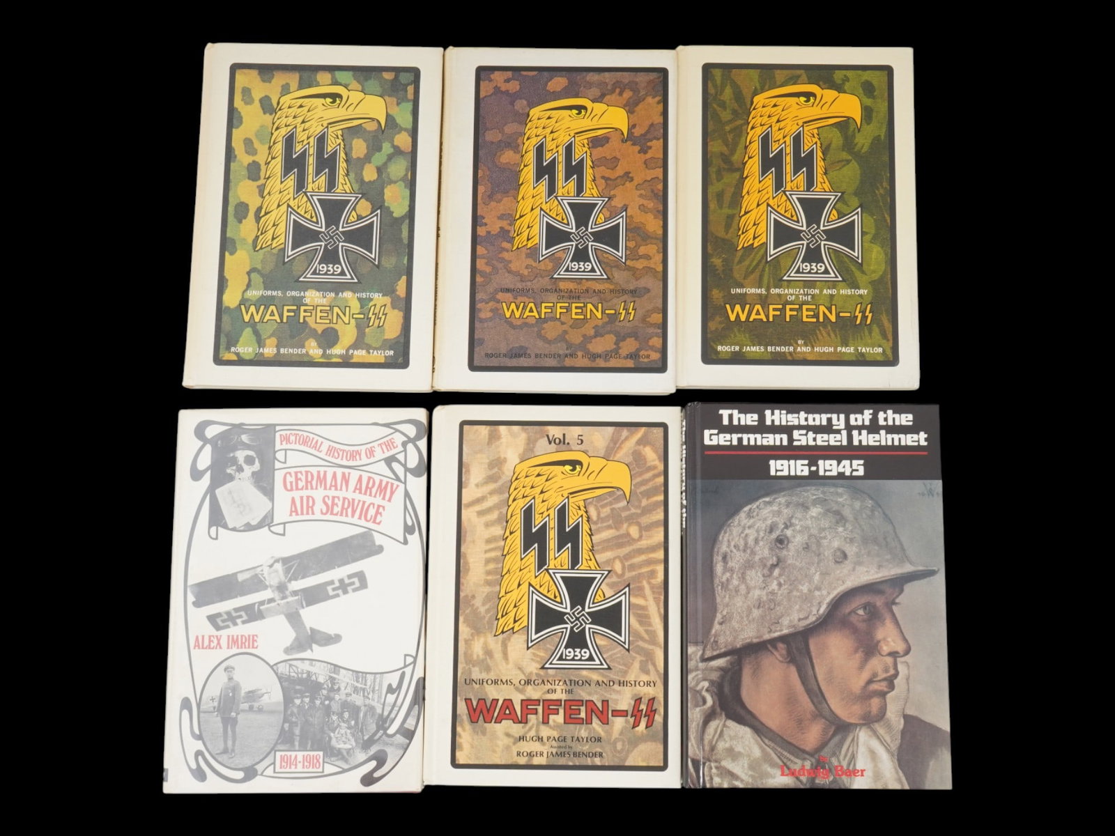 COLLECTION OF BOOKS ABOUT WWII AND GERMAN MILITARY: A lot of six vintage books dedicated to Nazi Germany and World War II. Uniforms, Organization and History of the Waffen SS by Roger James Bender and Hugh Page Taylor, vols. 2-5, 1971. Pictorial Histor