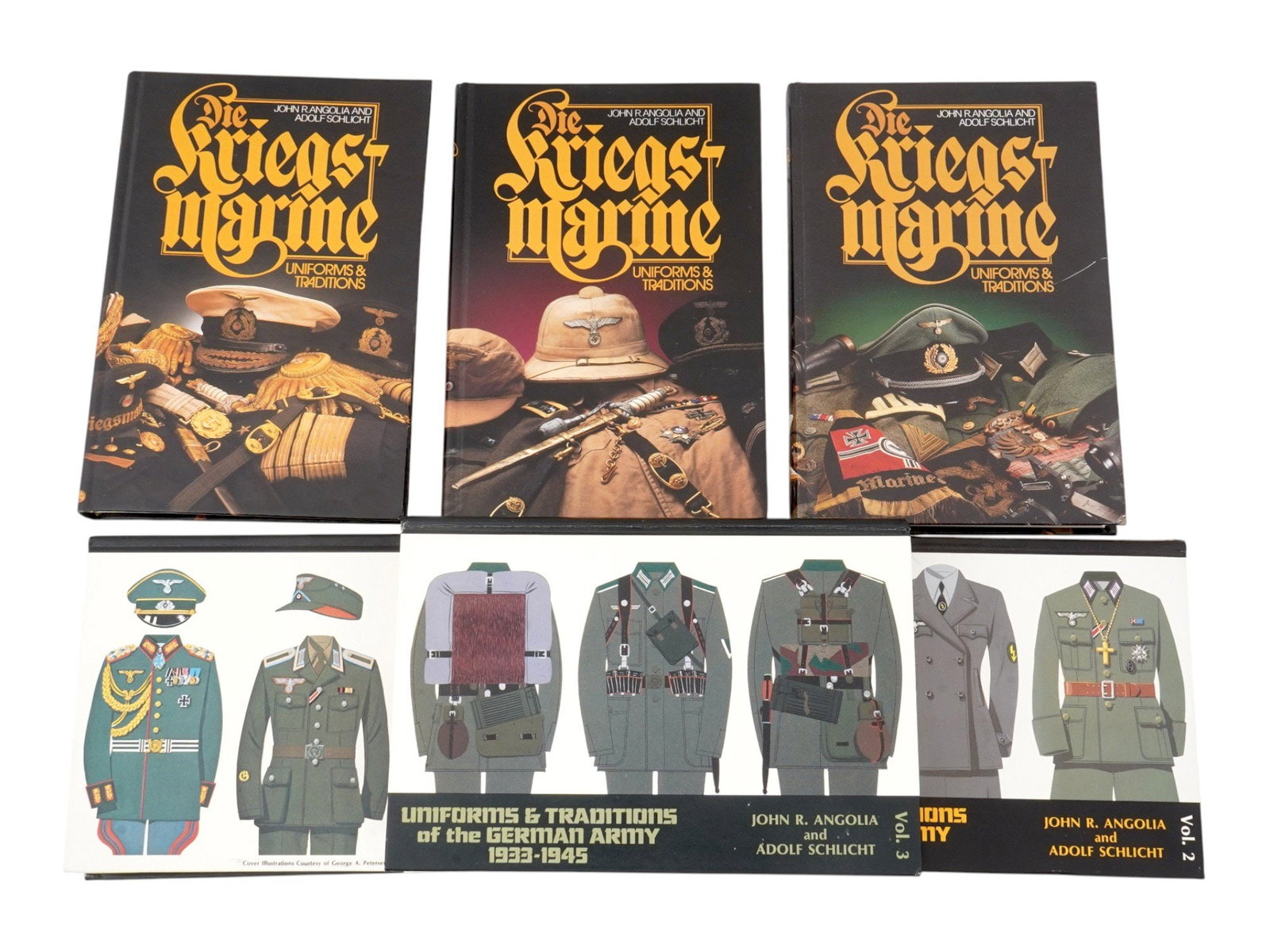 COLLECTION OF BOOKS ABOUT WWII AND GERMAN MILITARY: A lot of six vintage books dedicated to Nazi Germany and World War II. Die Kriegsmarine Uniforms and Traditions by John R. Angolia and Adolf Schlich, in three volumes, 1991, autographes by the authors