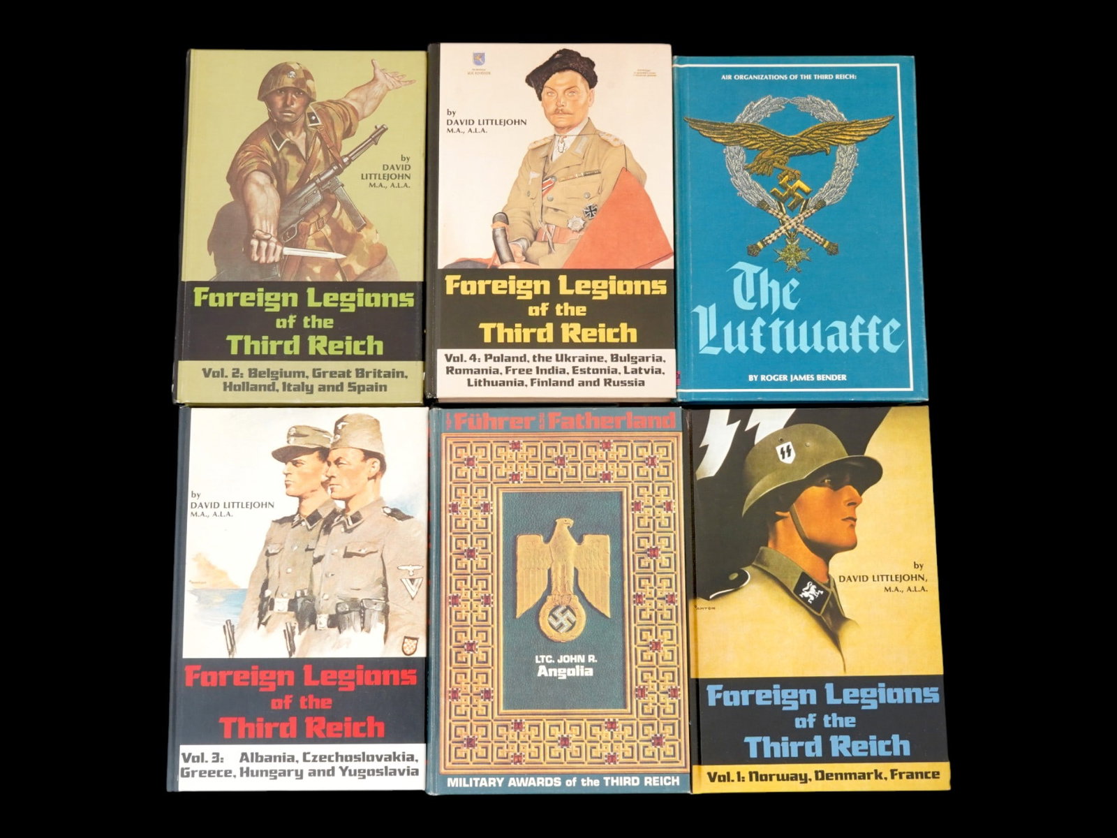 COLLECTION OF SIX WWII GERMAN MILITARY BOOKS: A collection of six WWII German military books. Four of the books are part of a series titled Foreign Legions of the Third Reich by David Littlejohn. The books cover various countries and regions that