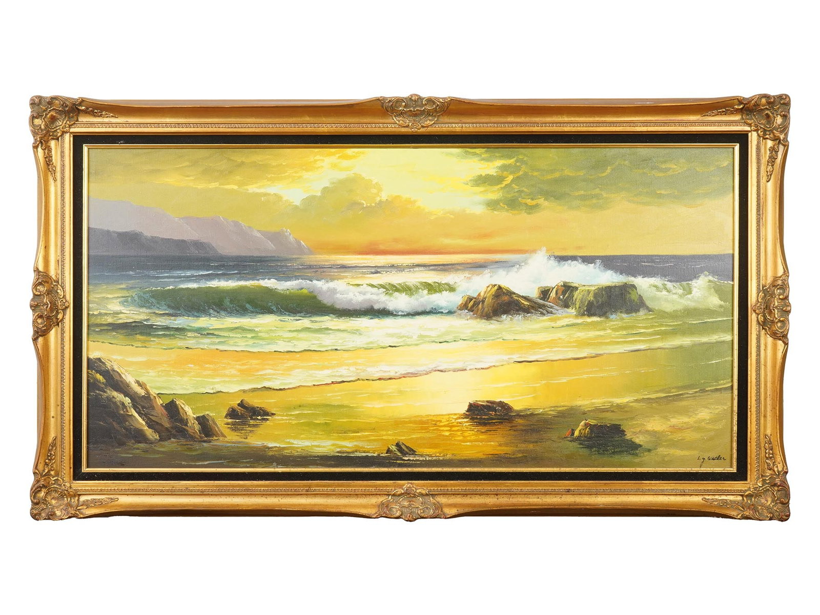 MID CENTURY PAINTING SIGNED H. Y. WISTLER OCEAN VIEW: A mid-century oil painting on canvas depicting an ocean view at sunset, signed H. Y. Wistler lower right and framed. The work captures the atmospheric light and color of the setting sun over the sea, 