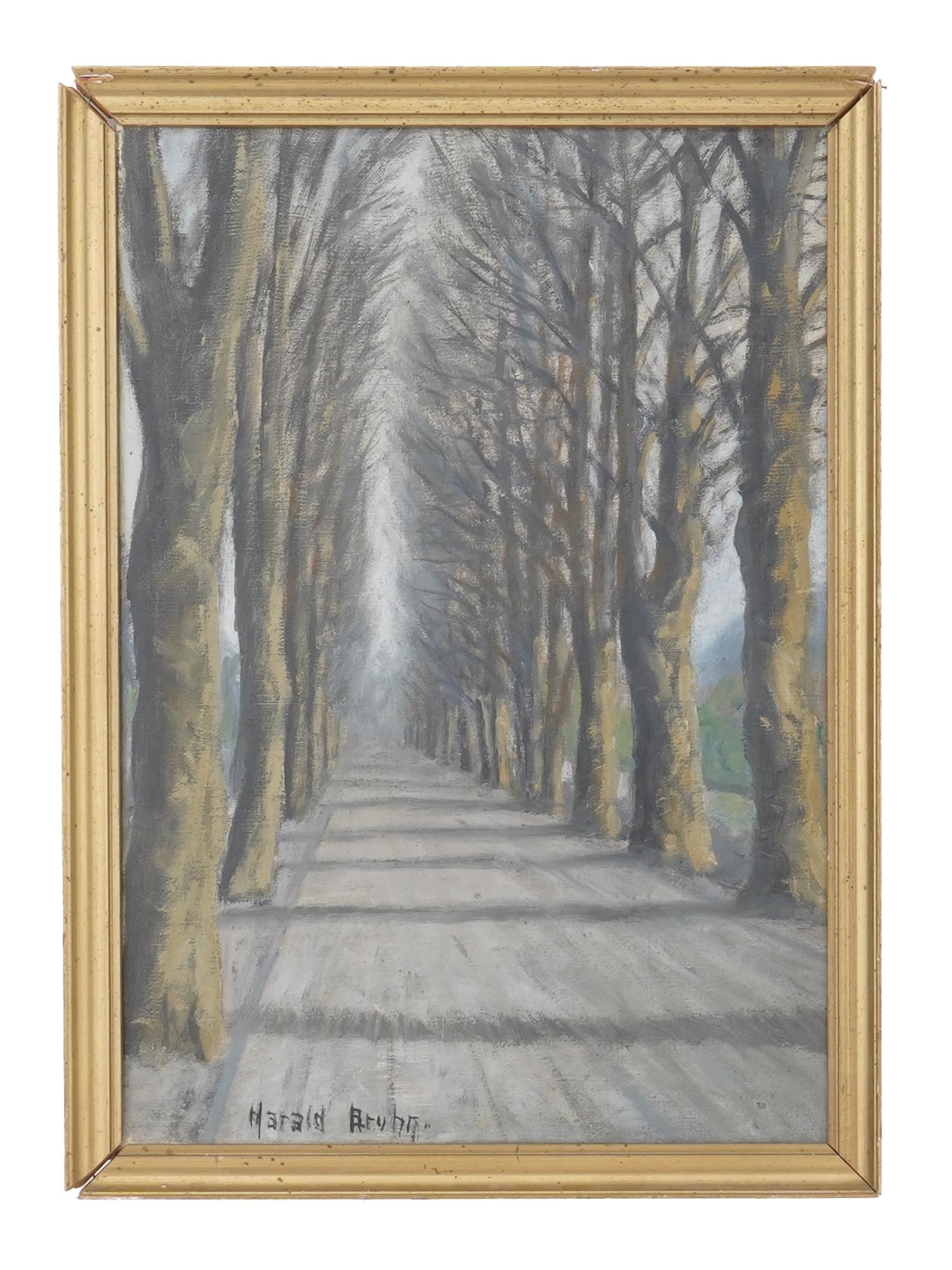 VINTAGE SCANDINAVIAN OIL PAINTING BY HARALD BRYHR: A vintage Scandinavian oil on canvas landscape painting by Harald Bryhr. The painting depicts an autumn landscape with trees along the road. Signed lower left. Inscribed in Scandinavian and English on