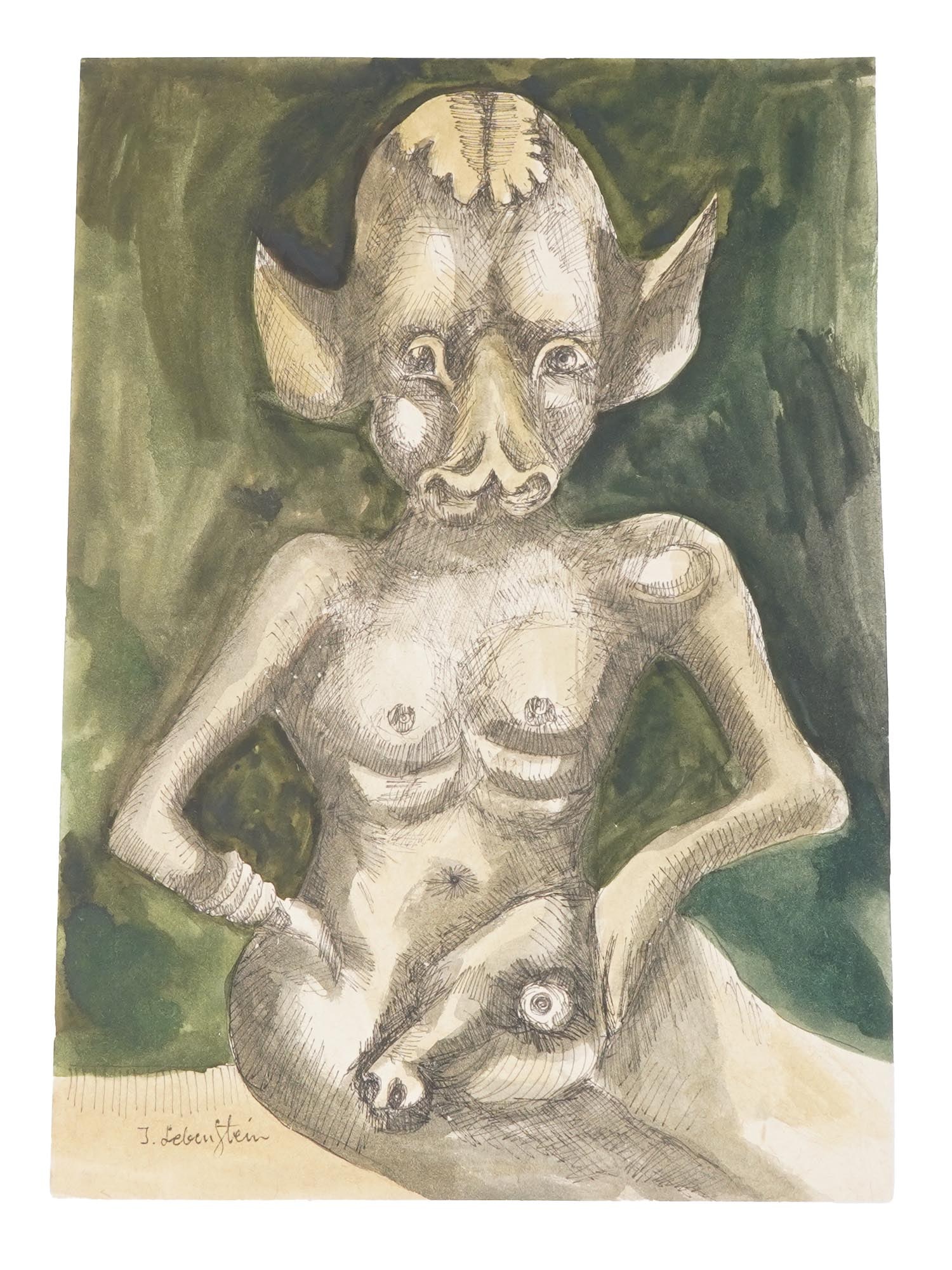 JAN LEBENSTEIN POLISH WATERCOLOR PAINTING W COA: Jan Lebenstein 1930 to 1999, Polish, watercolor and pen painting on paper, depicting a portrait of a naked humanoid creature. Circa the mid 20th century. Signed lower left. Comes with a certificate of