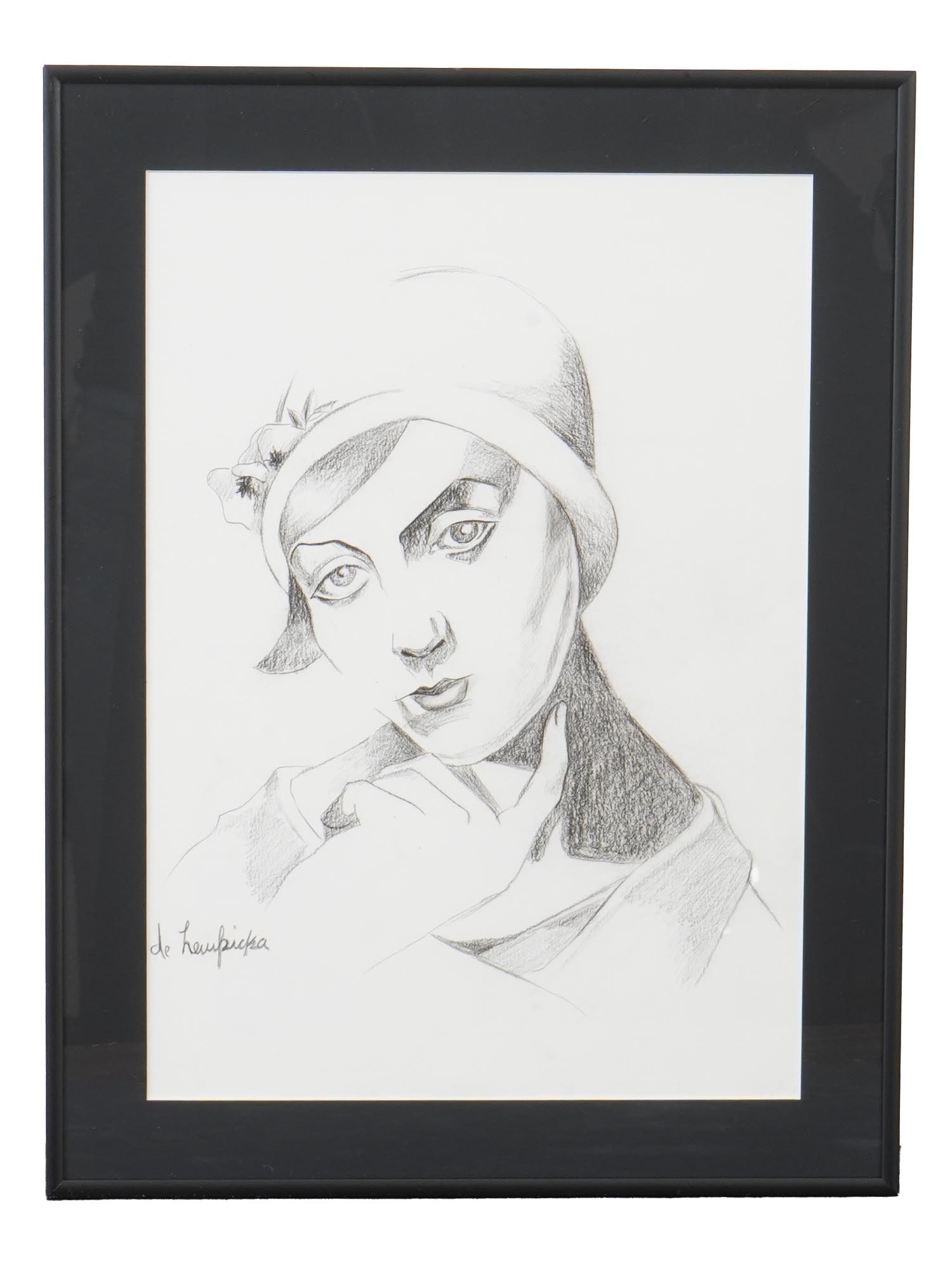 POLISH TAMARA DE LEMPICKA PENCIL PAINTING: Tamara de Lempicka, Polish, 1898 to 1980, a pencil portrait painting on paper. Signed lower left. Matted and framed. Stamped on the backside: National Gallery of Art, U.S.A. Musee d Orsay, Paris, Gale