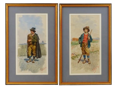 ANTIQUE ITALIAN EDOUARDO VITALI WATERCOLOR PAINTINGS