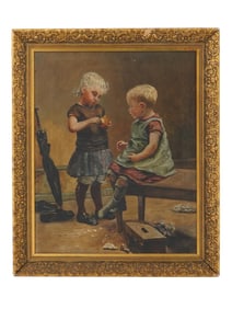 GERMAN OIL PAINTING BY LUDWIG KNAUS TWO CHILDREN