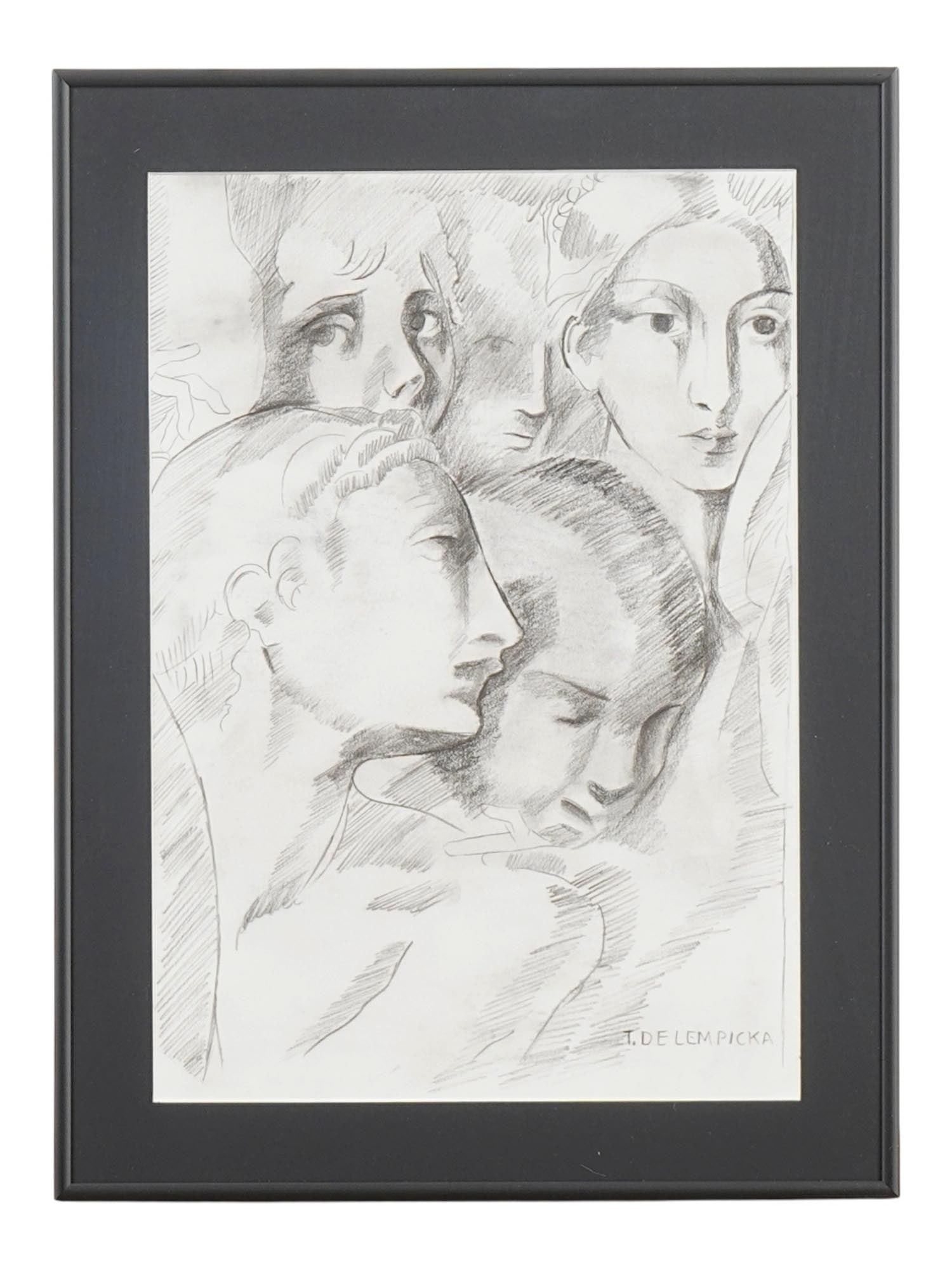 SIGNED TAMARA DE LEMPICKA POLISH PENCIL PAINTING: A pencil portrait painting on paper signed lower right T. De Lempicka. Matted and framed. Stamped on the backside: National Gallery of Art, U.S.A. Musee d Orsay, Paris, Galeria Moll, Galerie Mathias F