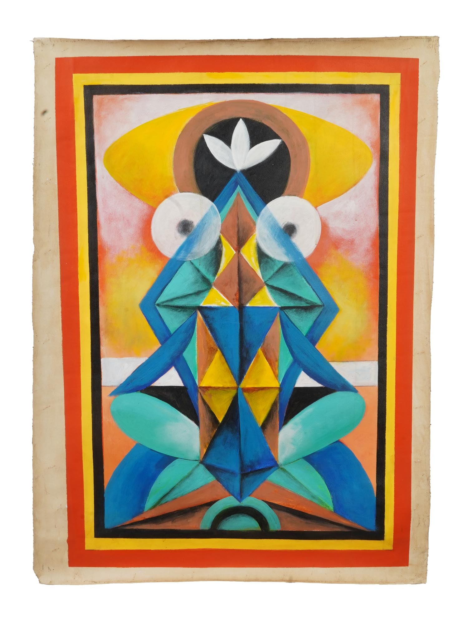 ACRYLIC PAINTING SIGNED GHULAM RASOOL SANTOSH: An acrylic painting on canvas depicting a Figurative frog composition. Signed, Santosh, inscribed, and dated, 80, on the backside. Gulam Rasool Santosh, Indian, 1929 to 1997, also known as G. R. Santo