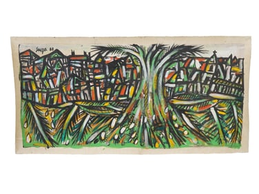 INDIAN ACRYLIC CITYSCAPE PAINTING SIGNED F N SOUZA