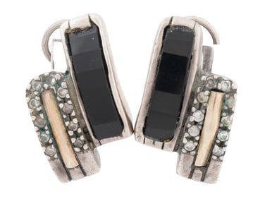 14K GOLD SILVER AND DIAMONDS EARRINGS W BLACK ONYX
