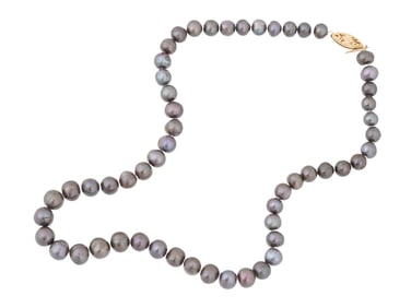 BLACK CULTURED PEARL NECKLACE WITH 14K GOLD CLASP