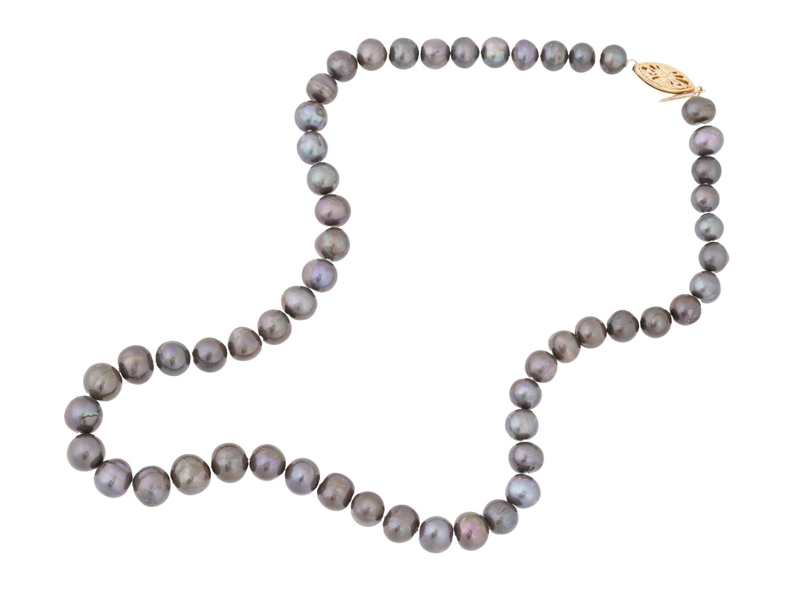 BLACK CULTURED PEARL NECKLACE WITH 14K GOLD CLASP: A vintage black cultured pearl necklace with 14K yellow gold clasp, marked. Total Weight: 35.1 grams. Vintage Elegant Jewelry. THIS LOT IS ELIGIBLE FOR A 30-DAY UNCONDITIONAL RETURN FROM THE D