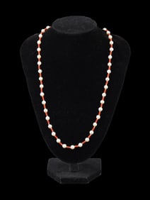 14K WHITE GOLD PEARL AND RED CORAL BEADED NECKLACE