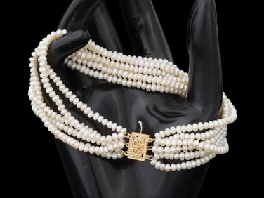 MULTI STRAND FRESHWATER PEARL NECKLACE W 14K GOLD CLASP