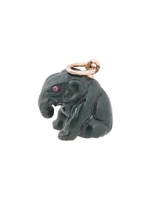 RUSSIAN CARVED JASPER 14K GOLD RUBY ELEPHANT PENDANT