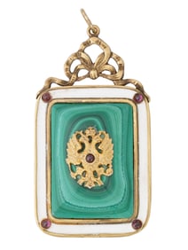 RUSSIAN 88 GILT SILVER ENAMEL MALACHITE PENDANT