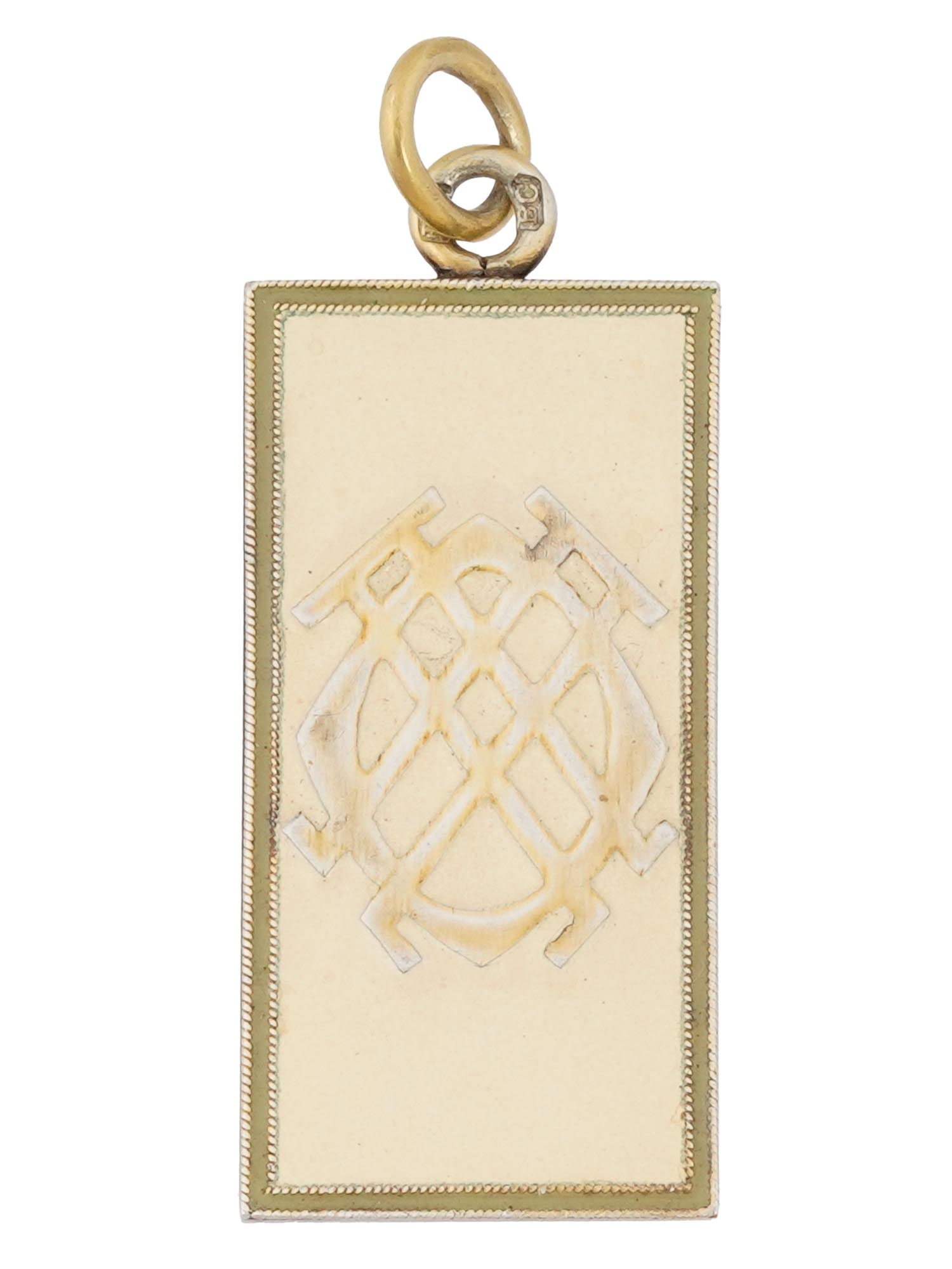 RUSSIAN SILVER ENAMEL MILITARY SHOULDER BOARD PENDANT: A Russian gilt silver pendant representing a military shoulder strap with an emblem. The surface is garnished with beige enamel. Hallmarked with an 84 Russian silver standard and makers mark on the fi