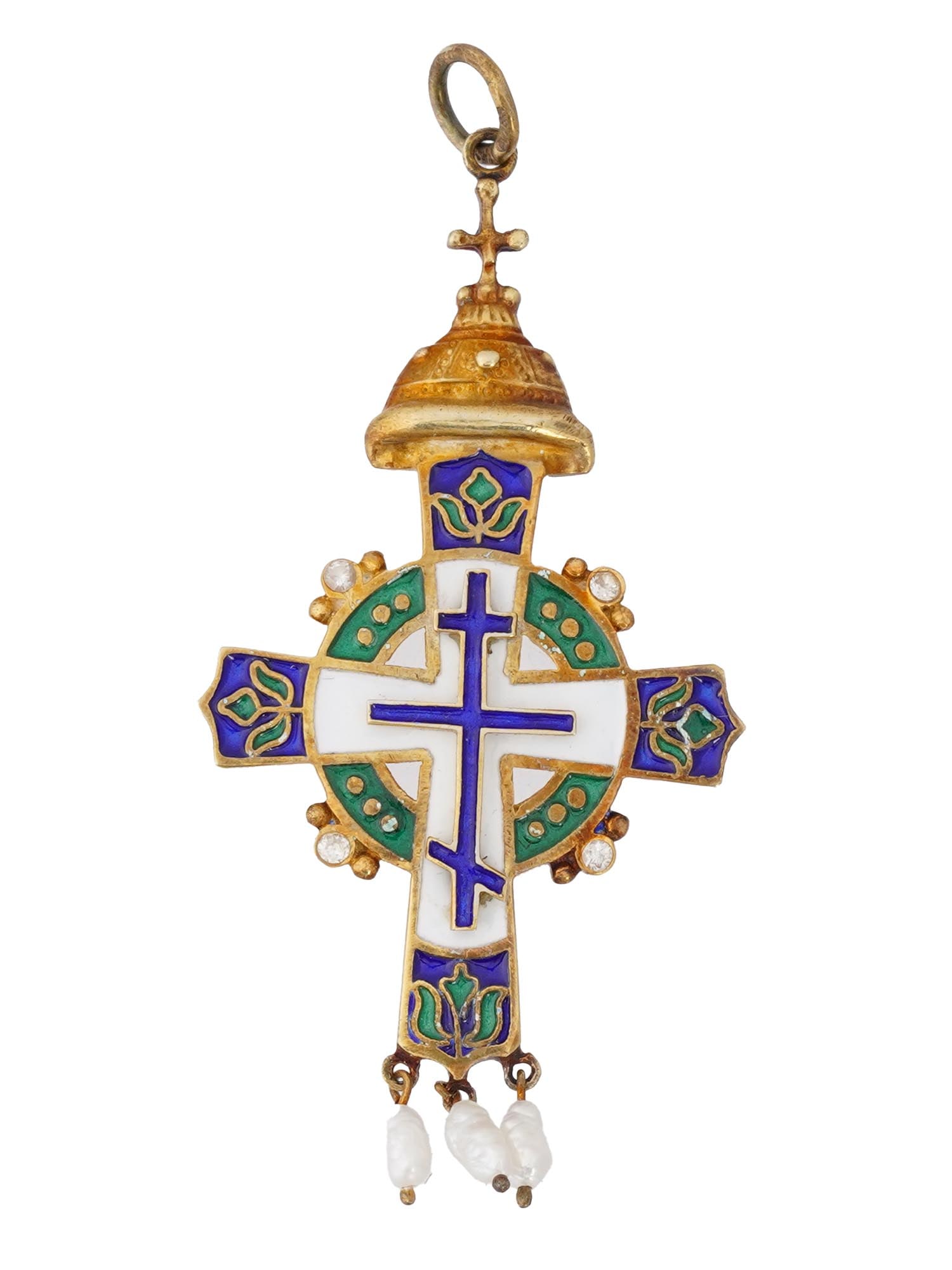 RUSSIAN SILVER ENAMEL CROSS W PEARLS AND GEMSTONES (1 of 7)