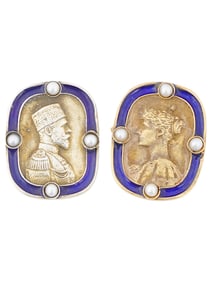 RUSSIAN IMPERIAL GILT SILVER ENAMEL CUFFLINKS W PEARLS