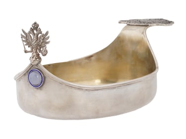 LARGE RUSSIAN SILVER BLUE CHALCEDONY ENAMEL KOVSH