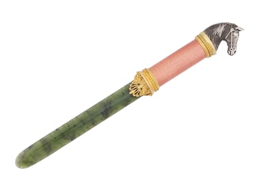 RUSSIAN HORSE HEAD SILVER ENAMEL JADE LETTER OPENER