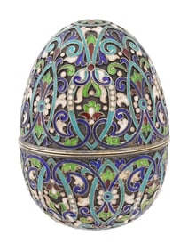 LARGE RUSSIAN SILVER CLOISONNE ENAMEL EASTER EGG