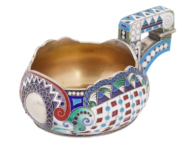 RUSSIAN TRADITIONAL SILVER GILT CLOISONNE ENAMEL KOVSH