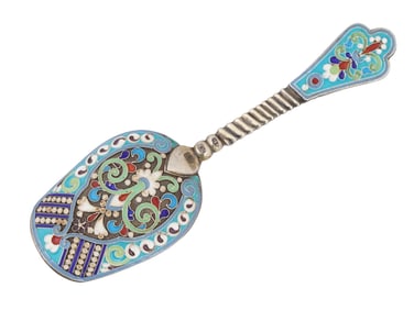 RUSSIAN SILVER ENAMEL SUGAR SCOOP WITH A TWISTED STEM