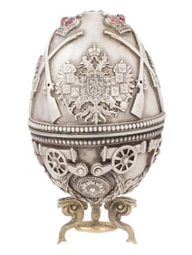 RUSSIAN MILITARY SILVER GEMSTONE EASTER EGG W STAND